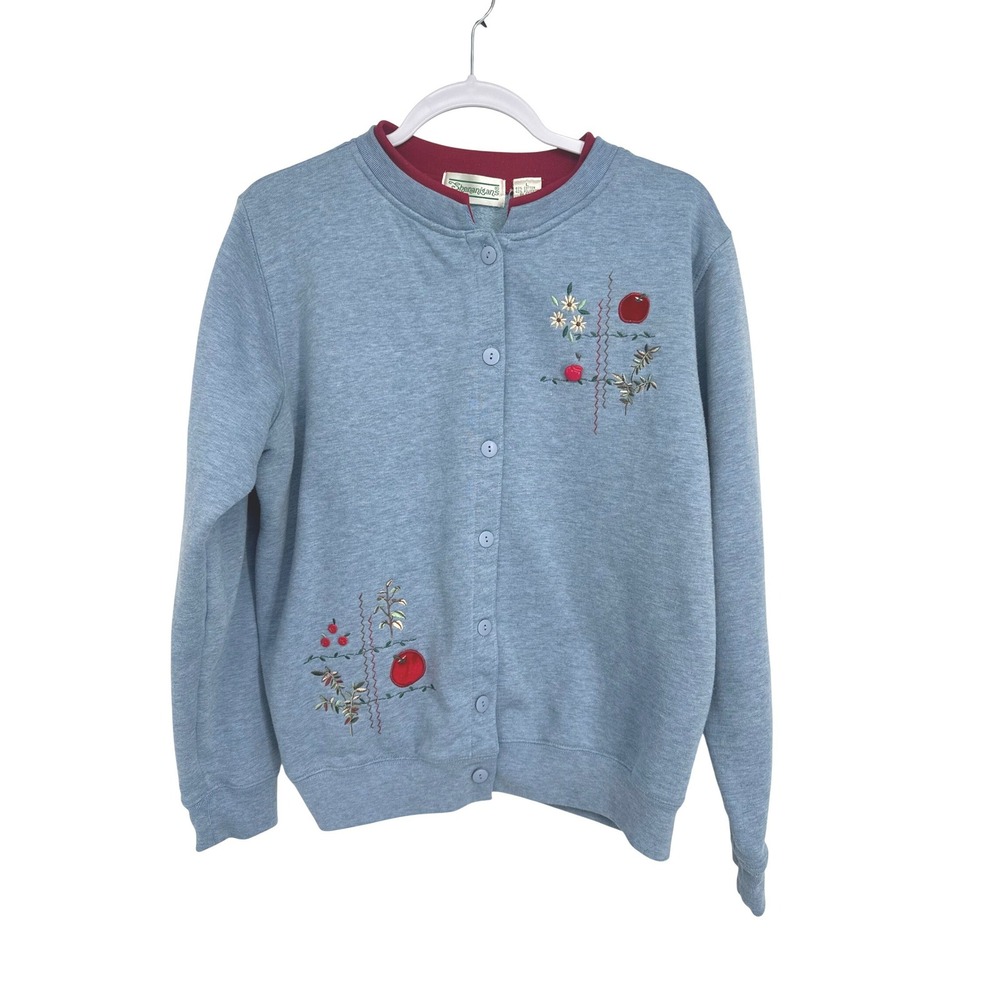 Vintage Shenanigans Cardigan Sweatshirt Womens L Blue Embroidered Apple Teacher
